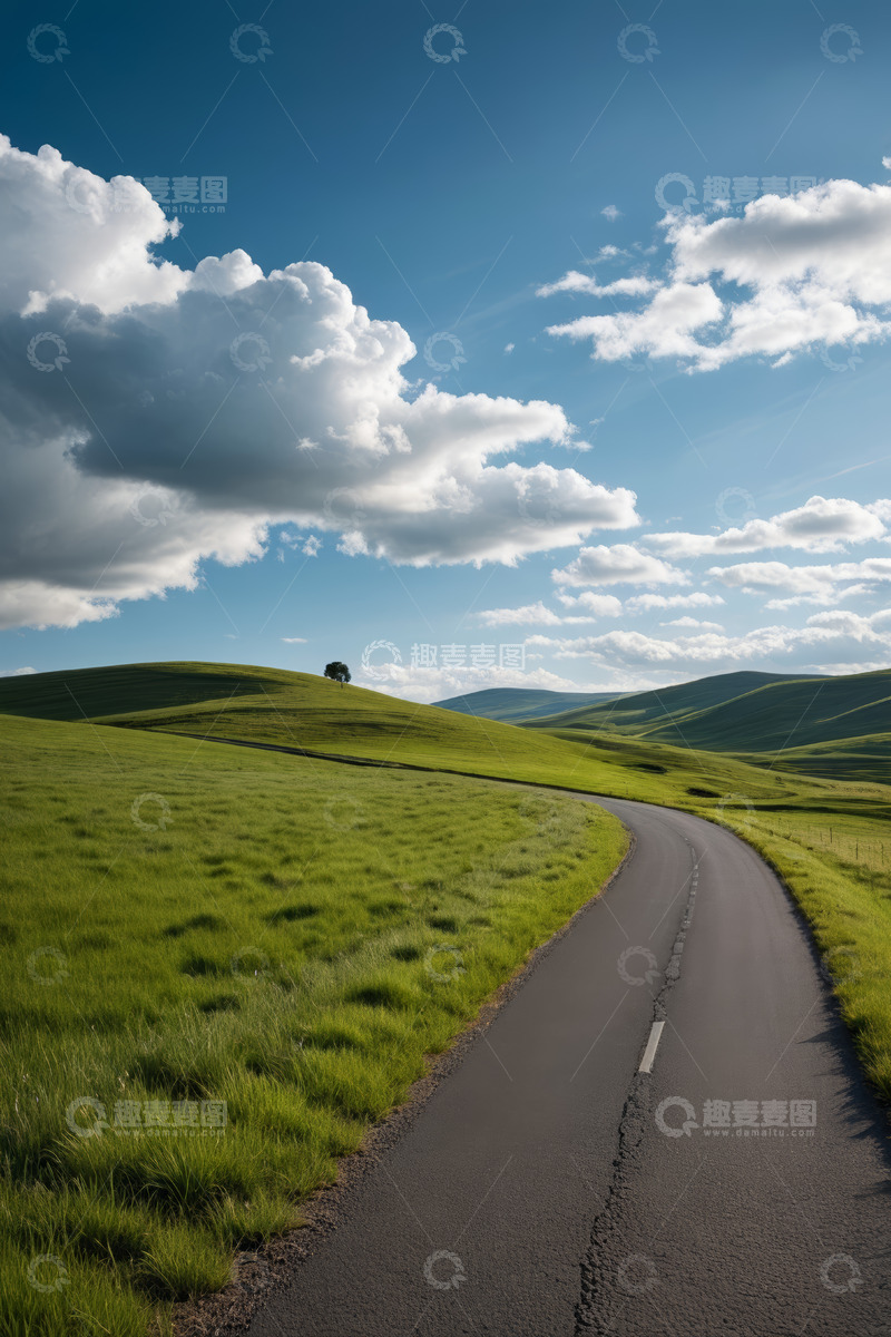 高清大图下载【趣麦麦图】草原公路蓝天白云风景