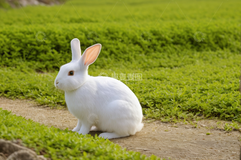 高清大图下载【趣麦麦图】草地上的白色宠物兔