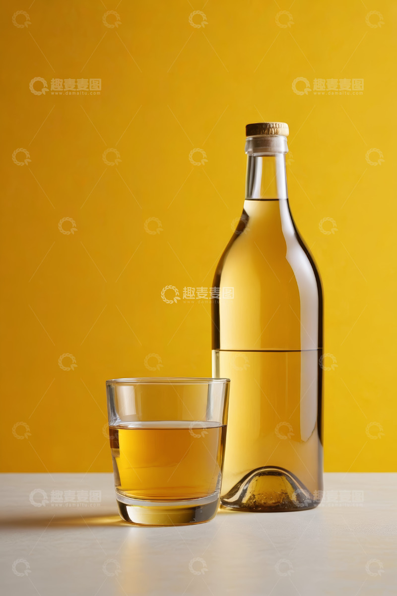 高清大图下载【趣麦麦图】黄色背景下的酒瓶与酒杯