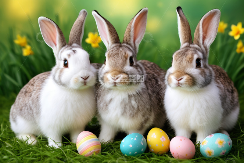 高清大图下载【趣麦麦图】草地上的复活节兔子与彩蛋