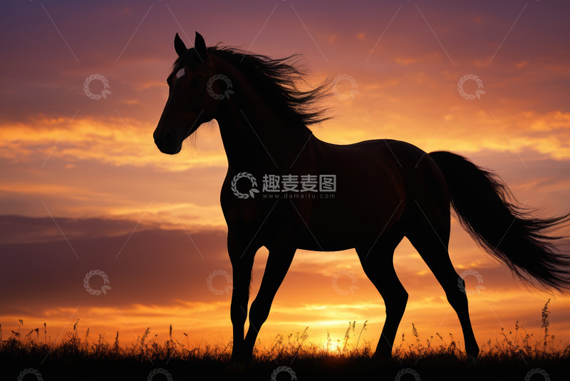 高清大图下载【趣麦麦图】夕阳下奔跑的骏马剪影