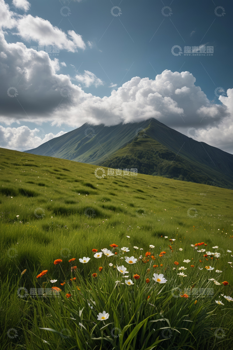 高清大图下载【趣麦麦图】草原花海与远山风景