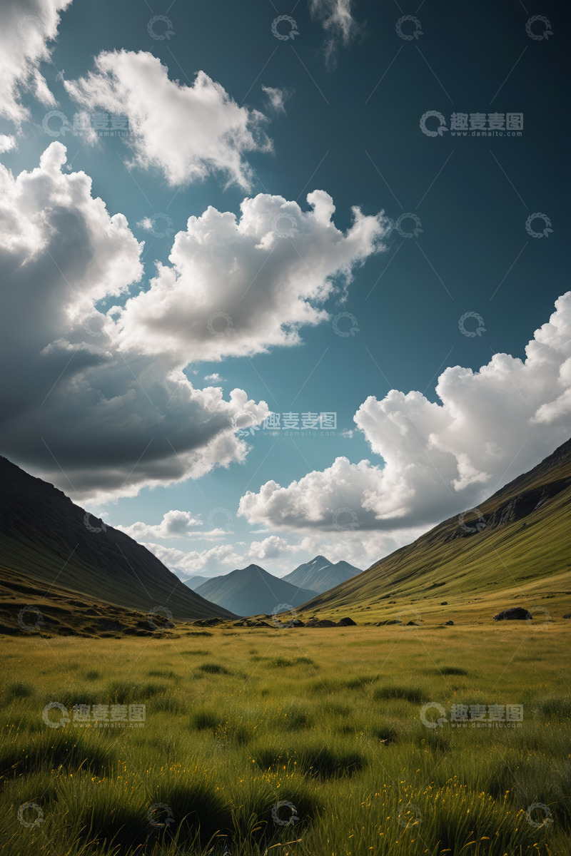 高清大图下载【趣麦麦图】山间草地与蓝天白云风景