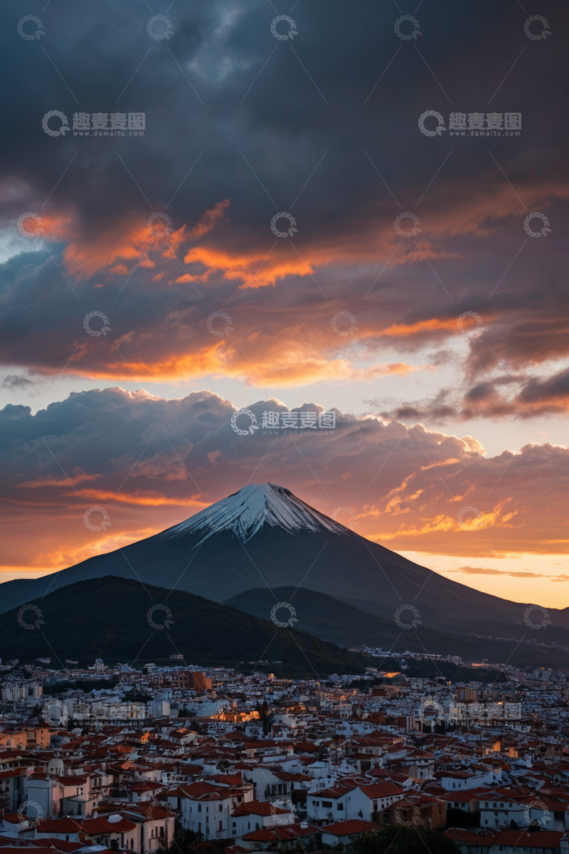 高清大图下载【趣麦麦图】富士山下城市黄昏景观
