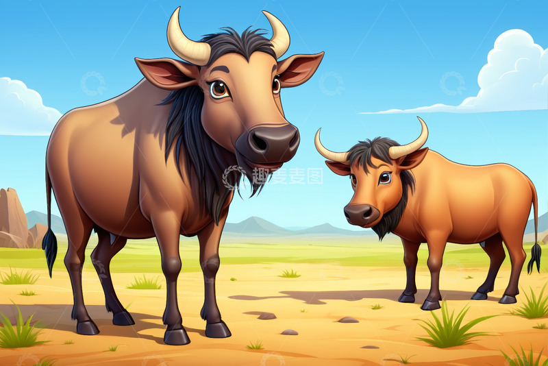 高清大图下载【趣麦麦图】草原上两头卡通牛的场景