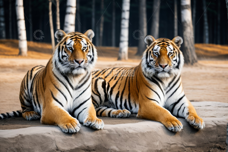 高清大图下载【趣麦麦图】两只老虎休憩于树林边