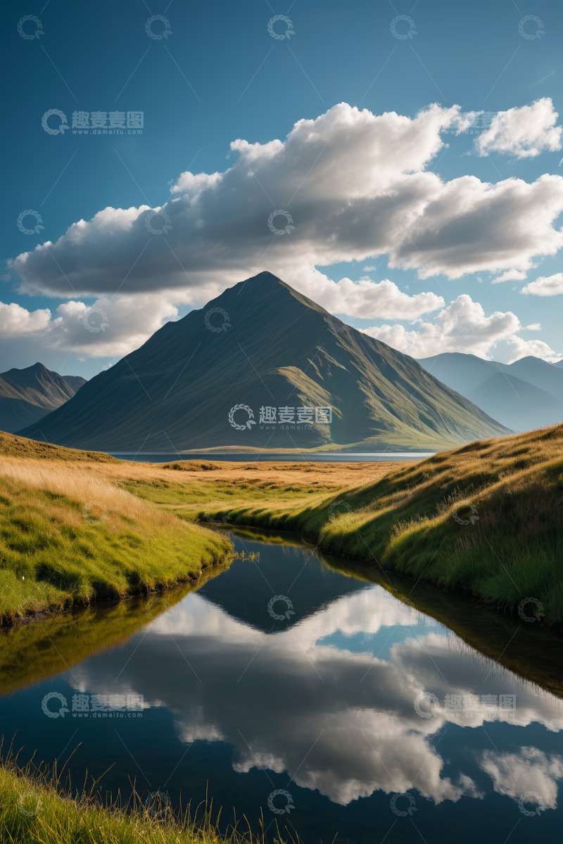 高清大图下载【趣麦麦图】山间草地小溪与远山风景