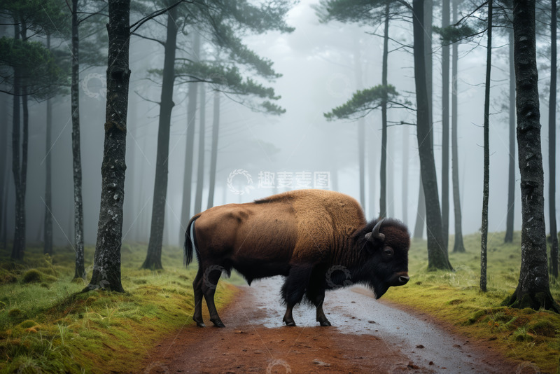 高清大图下载【趣麦麦图】雾中森林里的野牛