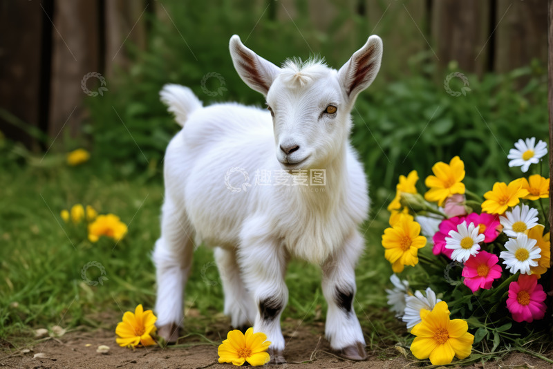 高清大图下载【趣麦麦图】草地上的白色小山羊与鲜花
