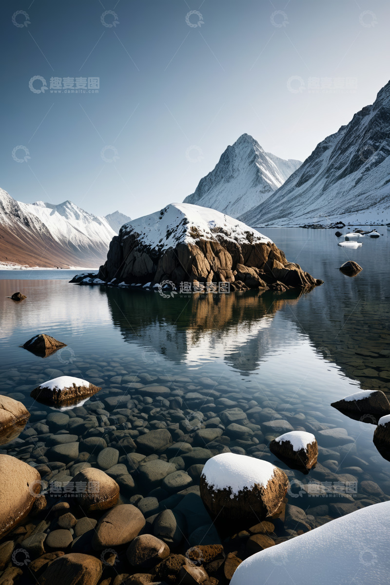 高清大图下载【趣麦麦图】雪山湖泊与覆雪岩石景观