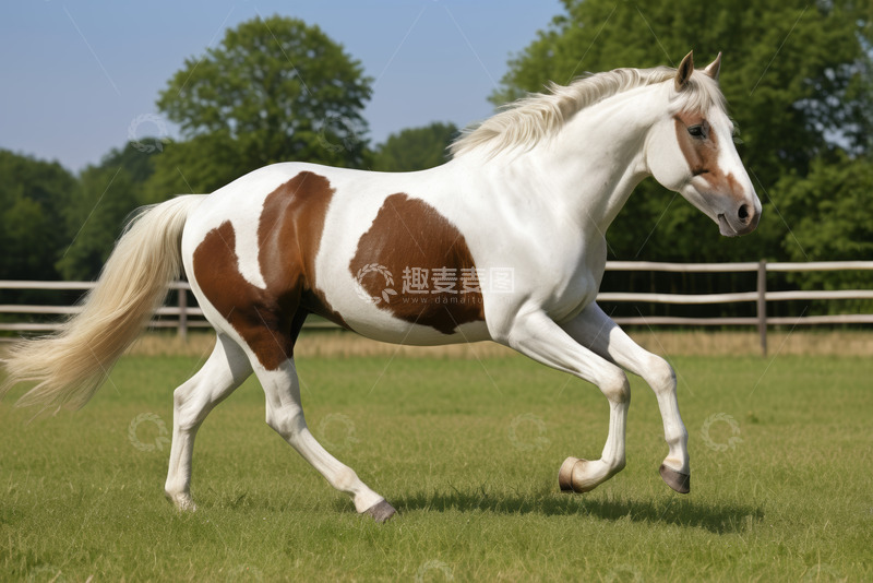 高清大图下载【趣麦麦图】草地上奔跑的棕白相间马匹