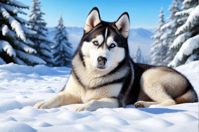 高清大图下载【趣麦麦图】雪地中休憩的哈士奇
