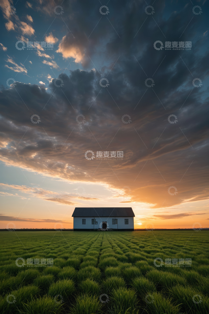 高清大图下载【趣麦麦图】田野上的小屋与日落天空