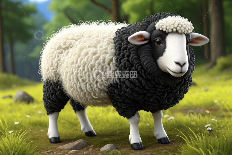 高清大图下载【趣麦麦图】森林草地中的黑白绵羊