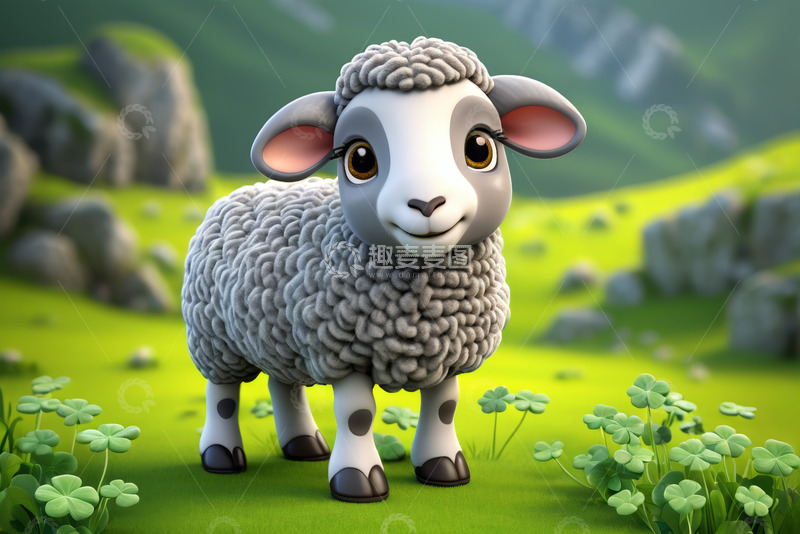 高清大图下载【趣麦麦图】卡通绵羊站在绿色草地