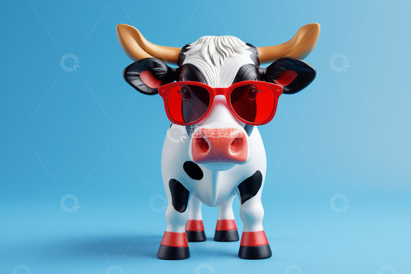 高清大图下载【趣麦麦图】戴红墨镜的卡通牛形象