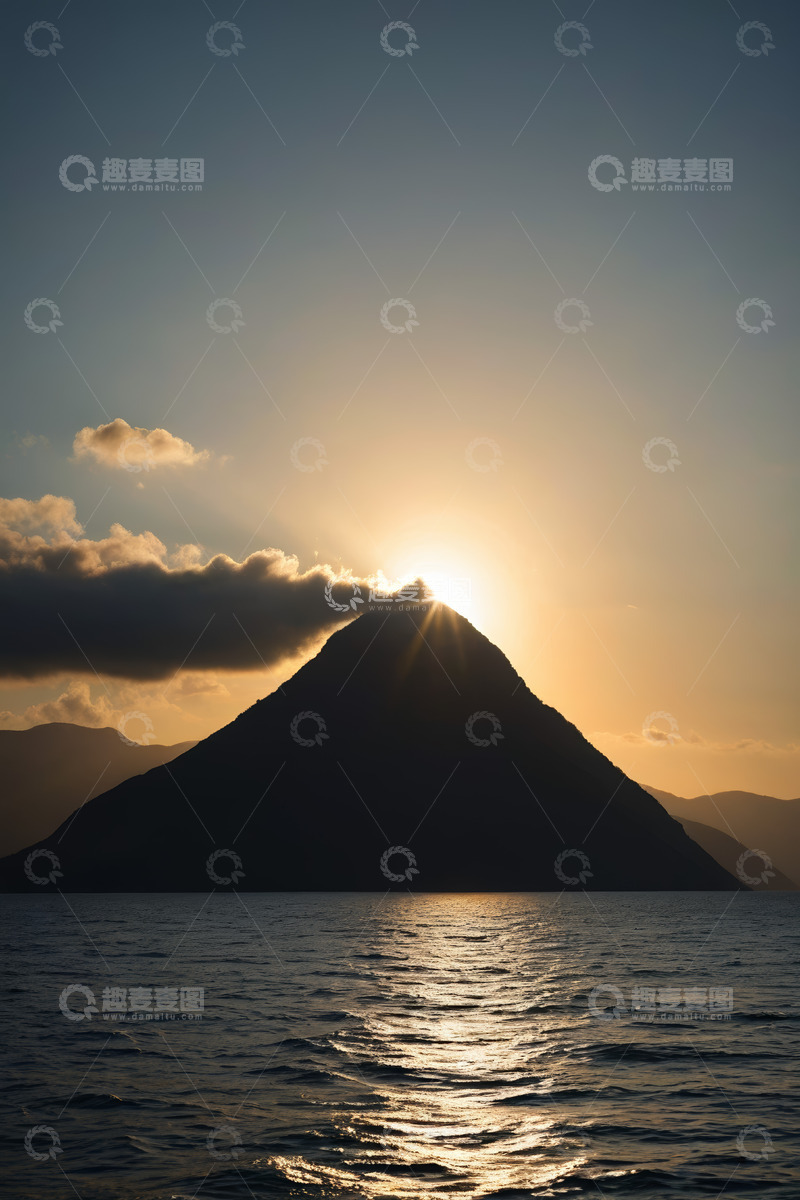 高清大图下载【趣麦麦图】夕阳下的山峰与水面景观