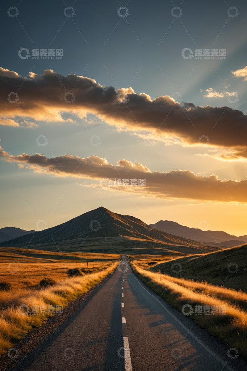 高清大图下载【趣麦麦图】夕阳下旷野中的道路景观