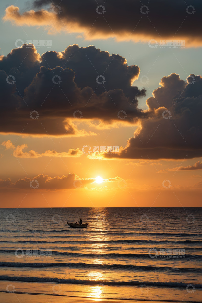 高清大图下载【趣麦麦图】海上日落时单人驾舟画面