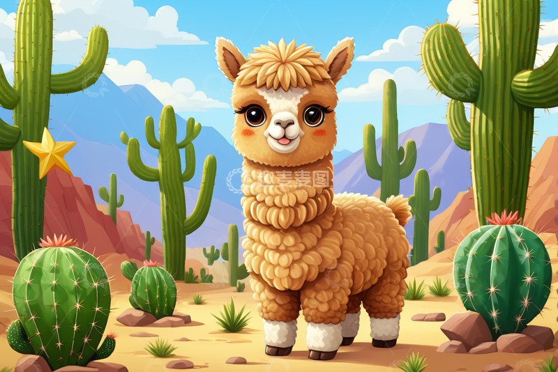 高清大图下载【趣麦麦图】沙漠中的卡通羊驼与仙人掌