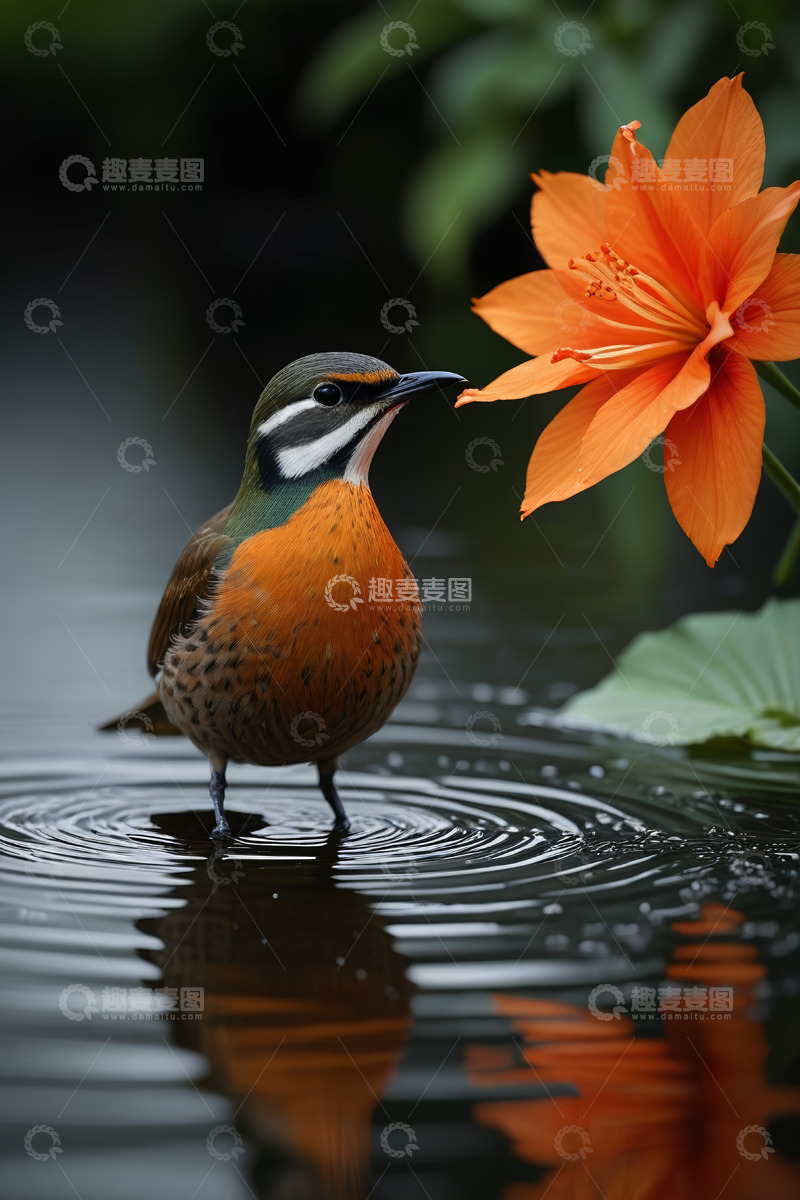 高清大图下载【趣麦麦图】小鸟立于水边与橙花相伴
