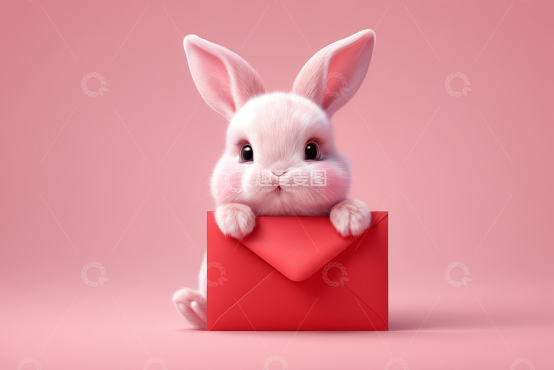 高清大图下载【趣麦麦图】可爱兔子持红色信封素材