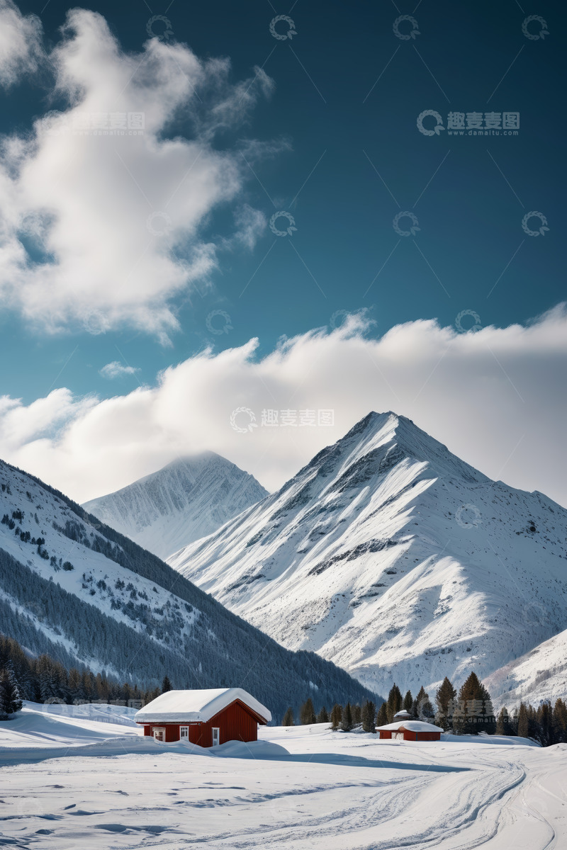 高清大图下载【趣麦麦图】雪山下的红色小屋雪景