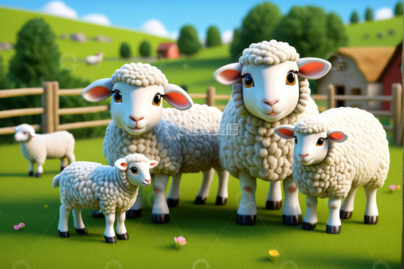 高清大图下载【趣麦麦图】卡通绵羊在农场草地场景