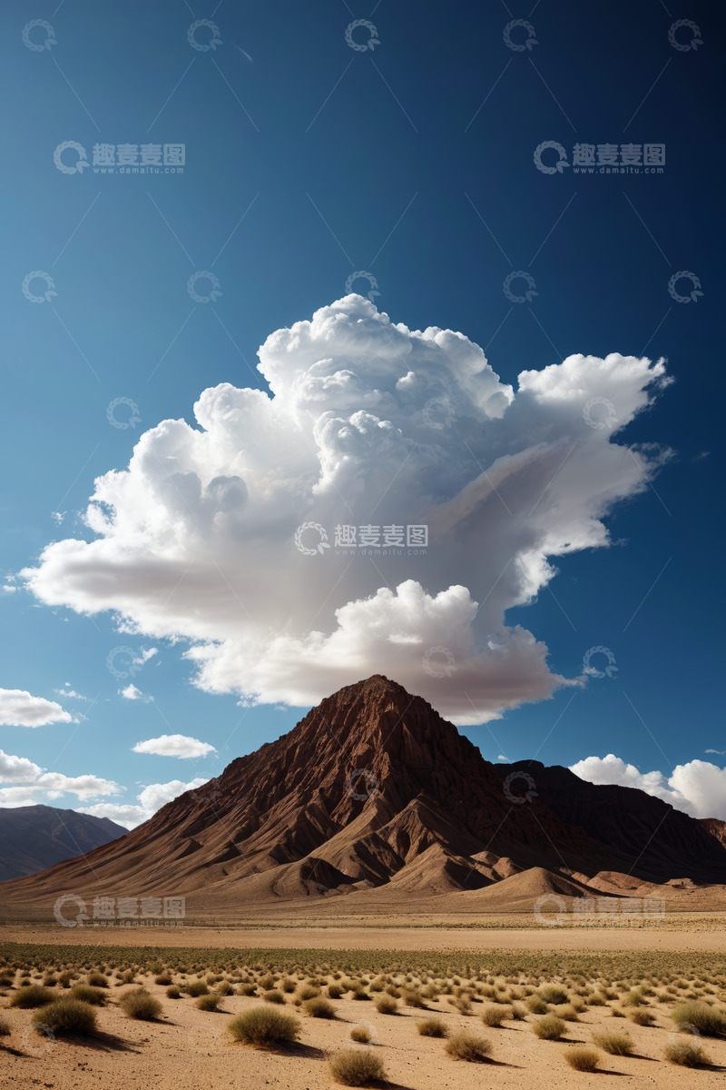 高清大图下载【趣麦麦图】沙漠中孤山与巨大云朵景观