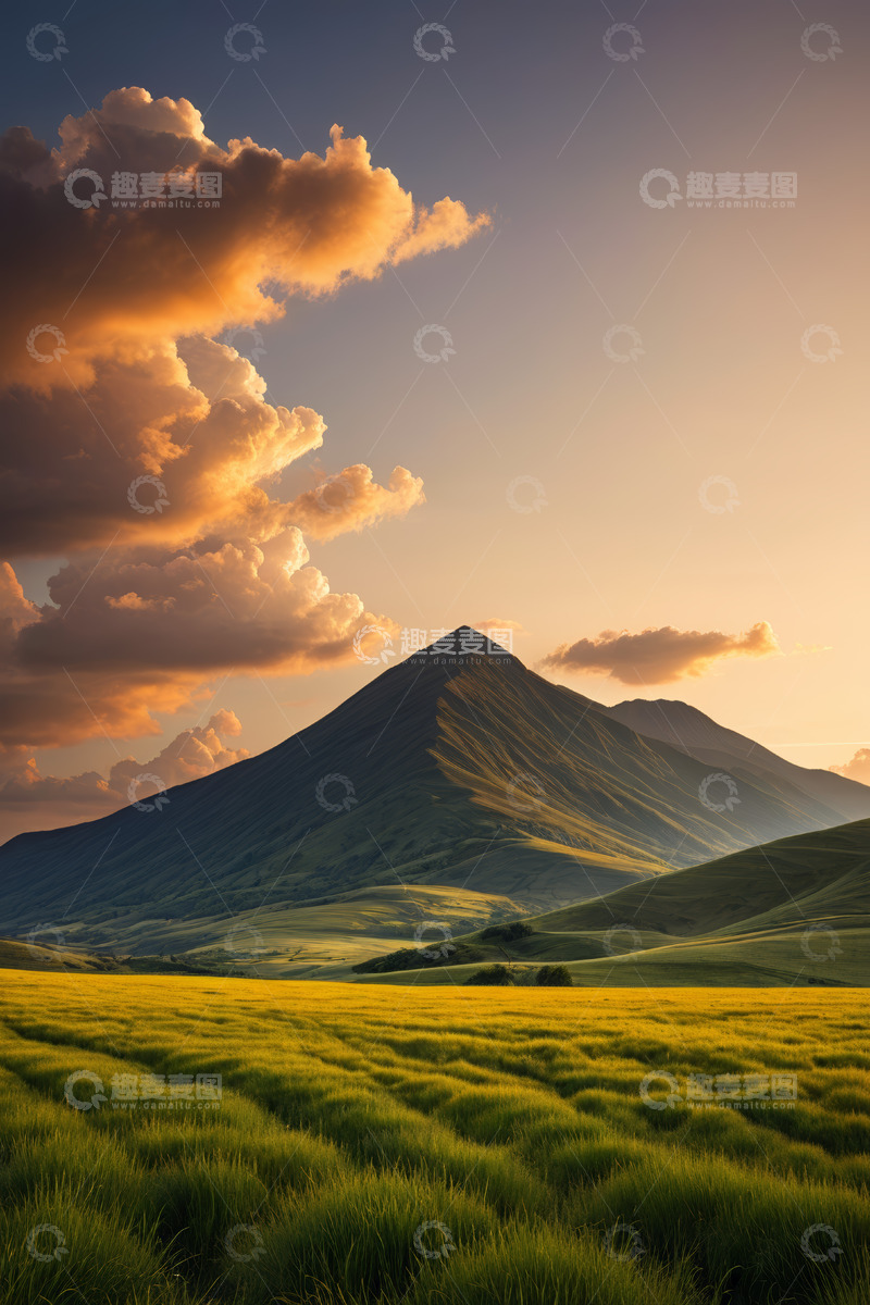 高清大图下载【趣麦麦图】黄昏时分山景与草地风光