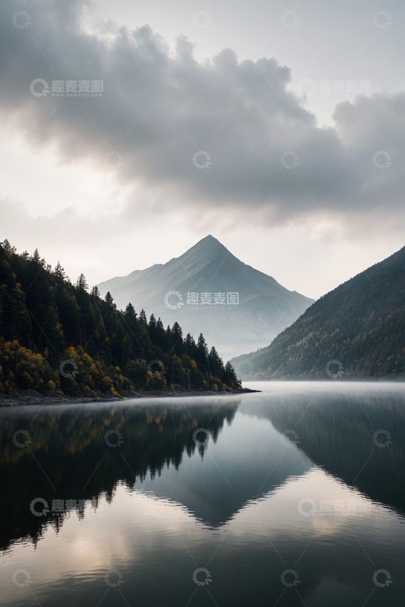 高清大图下载【趣麦麦图】山林间静谧湖泊与远山景观