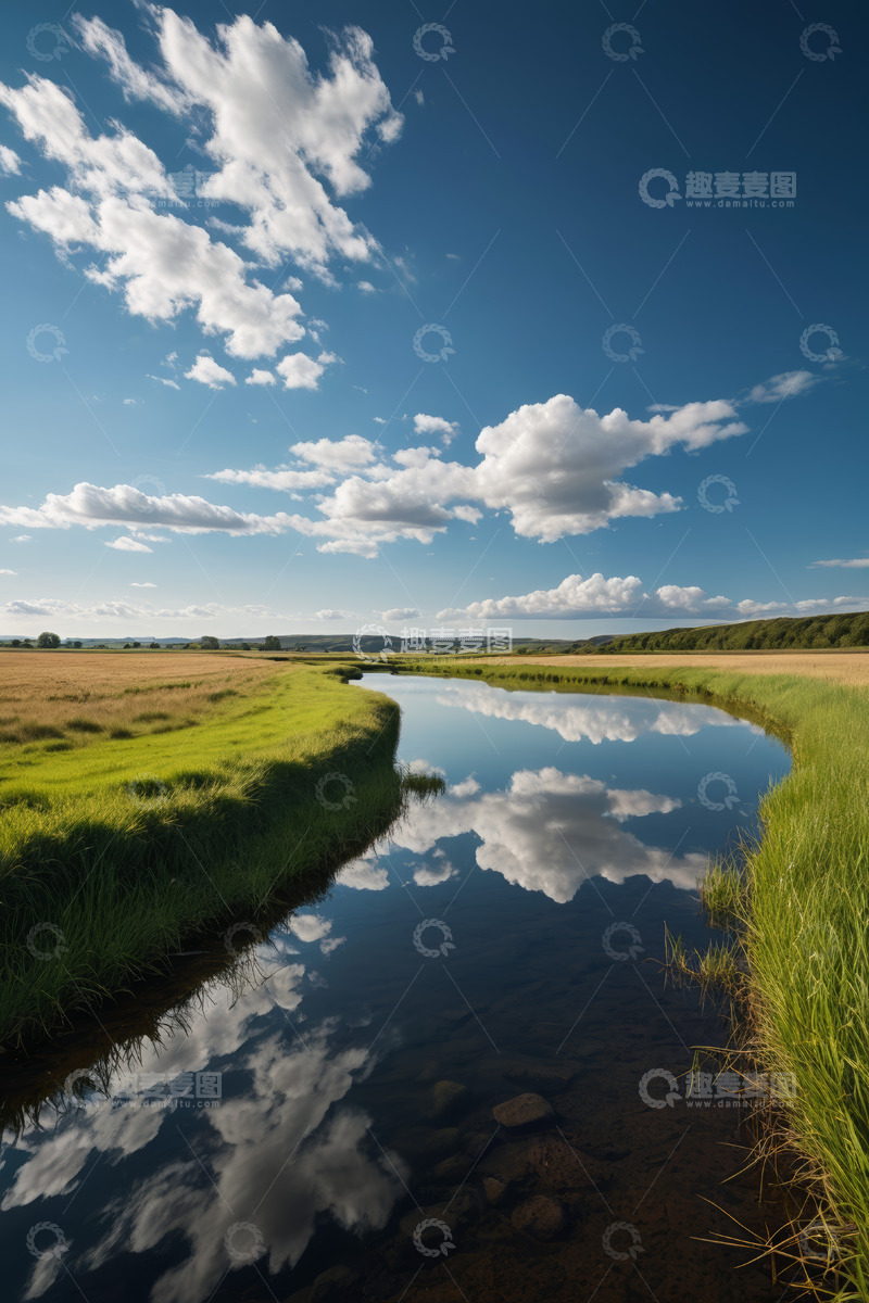 高清大图下载【趣麦麦图】蓝天白云下的河流田园风光