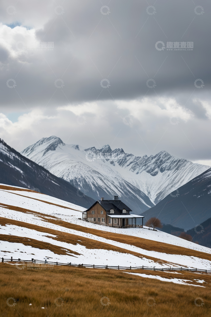 高清大图下载【趣麦麦图】雪山下山坡上的独栋小屋