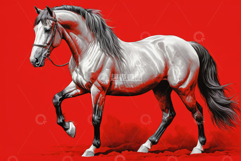 高清大图下载【趣麦麦图】红底行走的骏马素材