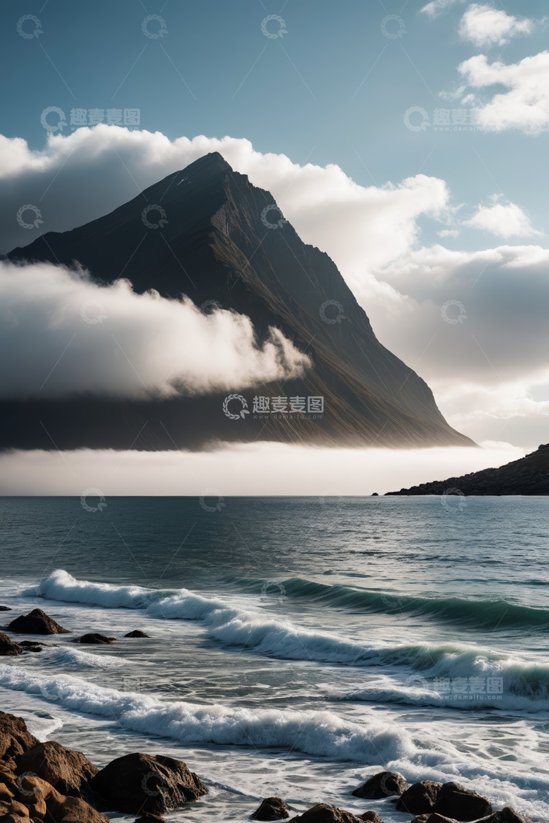 高清大图下载【趣麦麦图】海边巍峨山峰与海浪景观