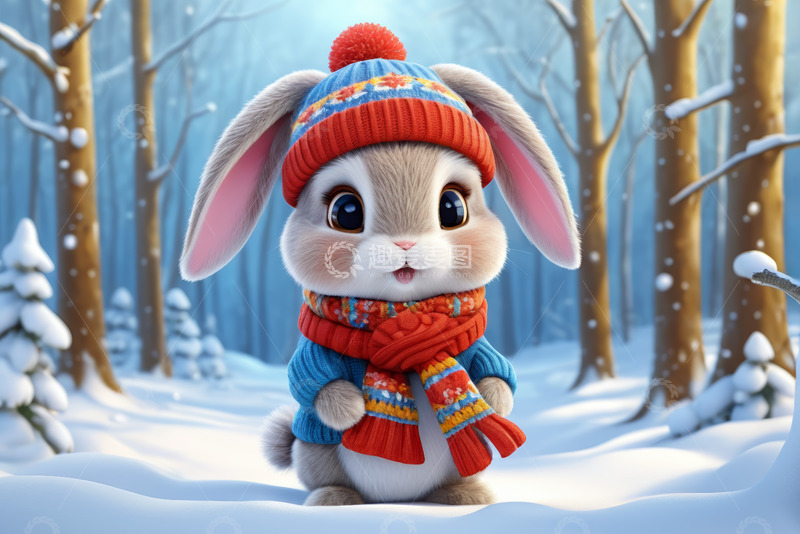 高清大图下载【趣麦麦图】雪林中的可爱动画兔子