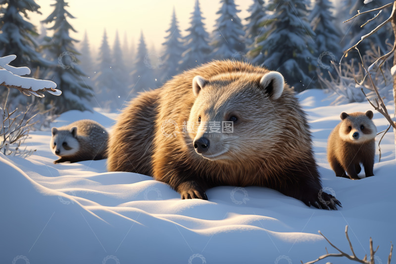高清大图下载【趣麦麦图】雪地森林中的熊与幼崽