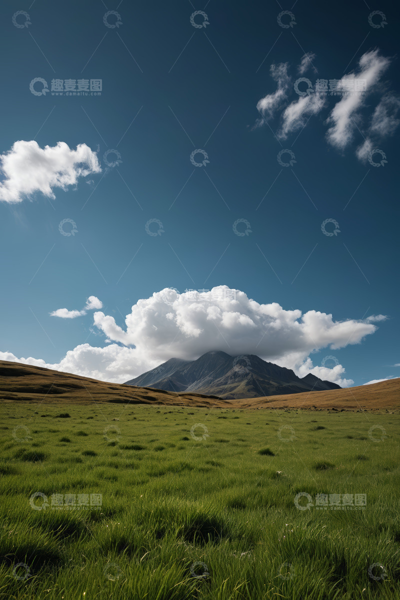 高清大图下载【趣麦麦图】草原上的远山与蓝天白云