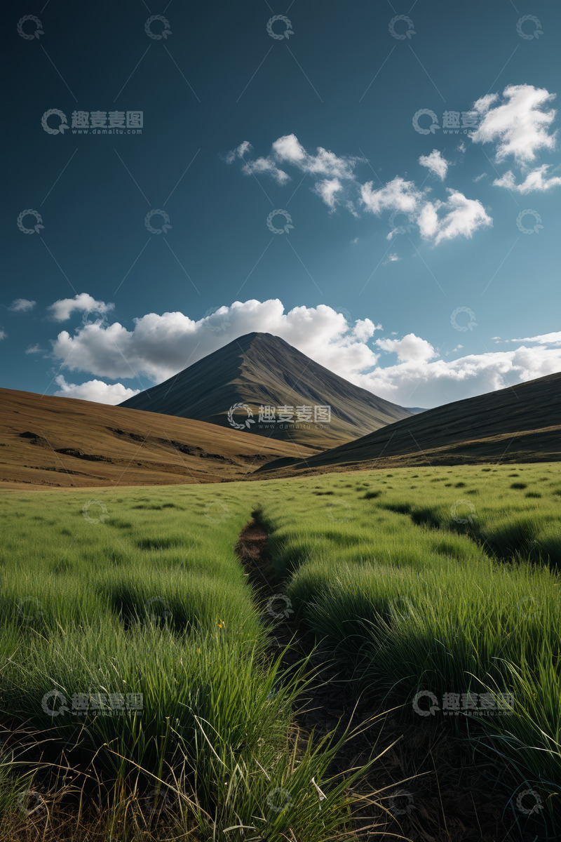 高清大图下载【趣麦麦图】草原上的远山与蓝天白云景观