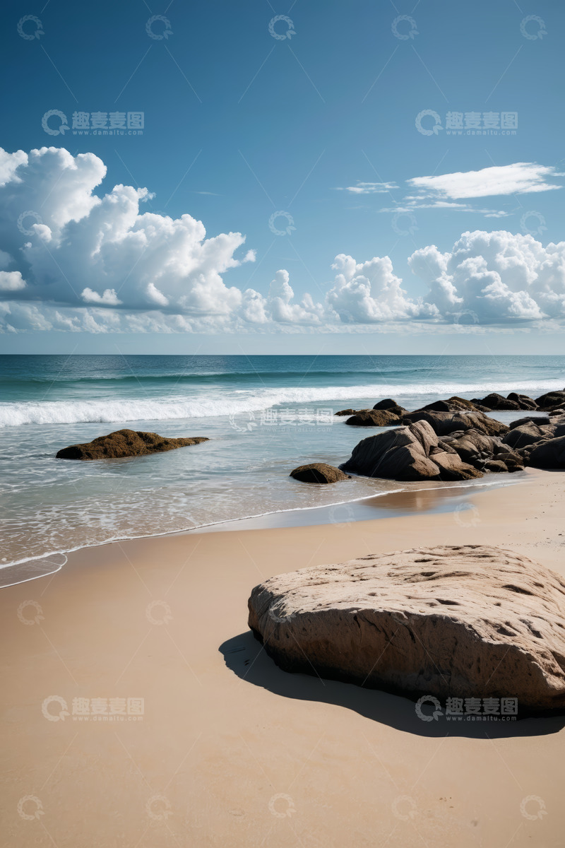 高清大图下载【趣麦麦图】海滩海浪礁石与蓝天白云景观