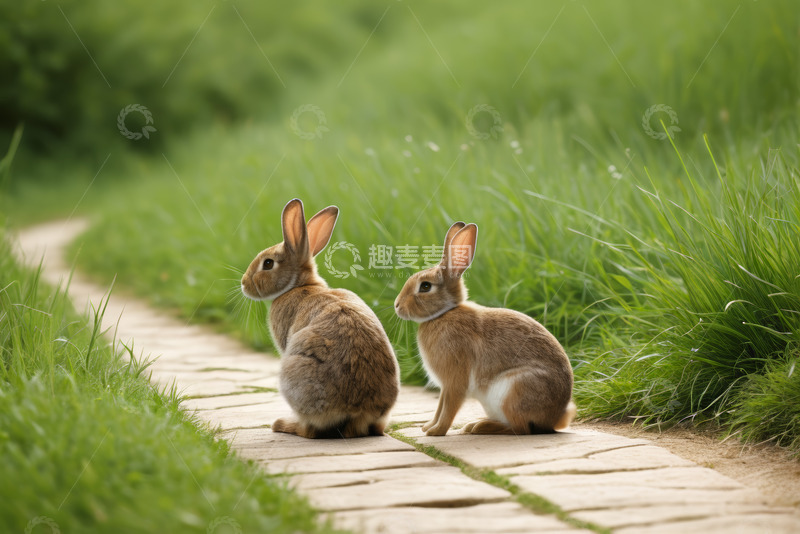 高清大图下载【趣麦麦图】小径上的两只兔子