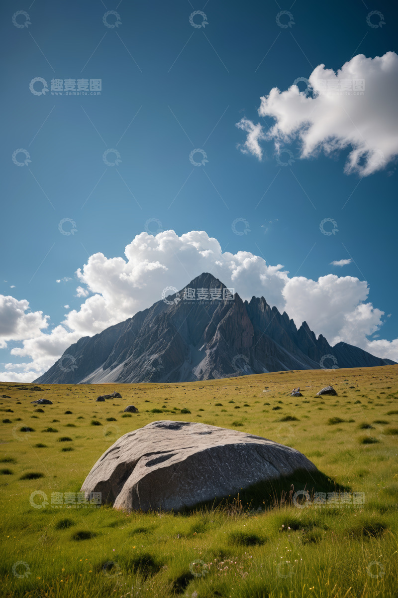 高清大图下载【趣麦麦图】-草原上的巨石与远方山脉