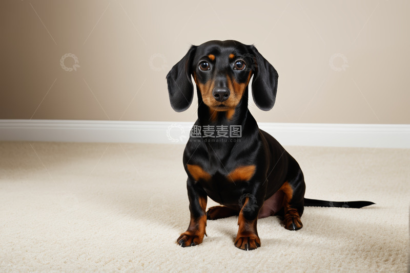 高清大图下载【趣麦麦图】室内坐着的黑色腊肠犬宠物