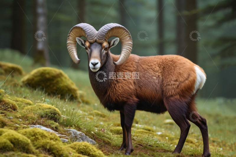 高清大图下载【趣麦麦图】森林中站立的大角羊