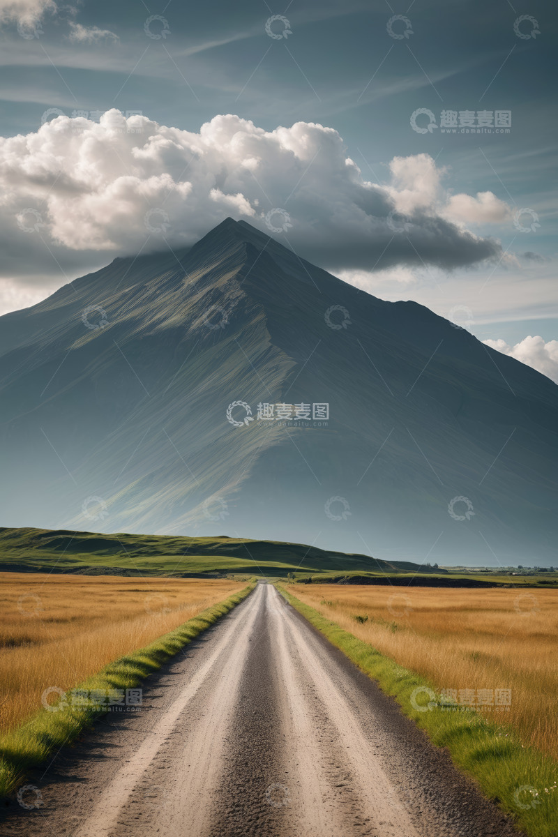 高清大图下载【趣麦麦图】旷野公路尽头的巍峨山峰