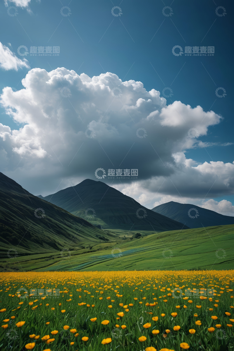 高清大图下载【趣麦麦图】绿色草原上的黄色花海景观