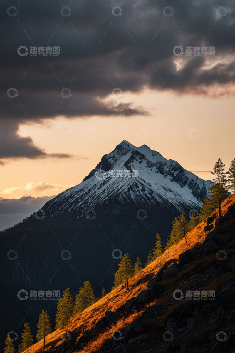 高清大图下载【趣麦麦图】夕阳下的雪山与山林景观