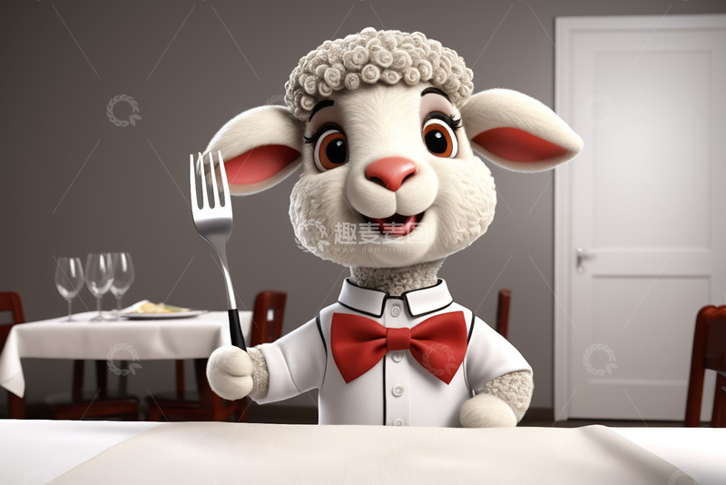 高清大图下载【趣麦麦图】卡通小羊餐厅服务员形象