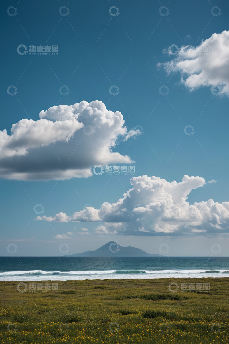高清大图下载【趣麦麦图】海边草地与远山蓝天白云景观
