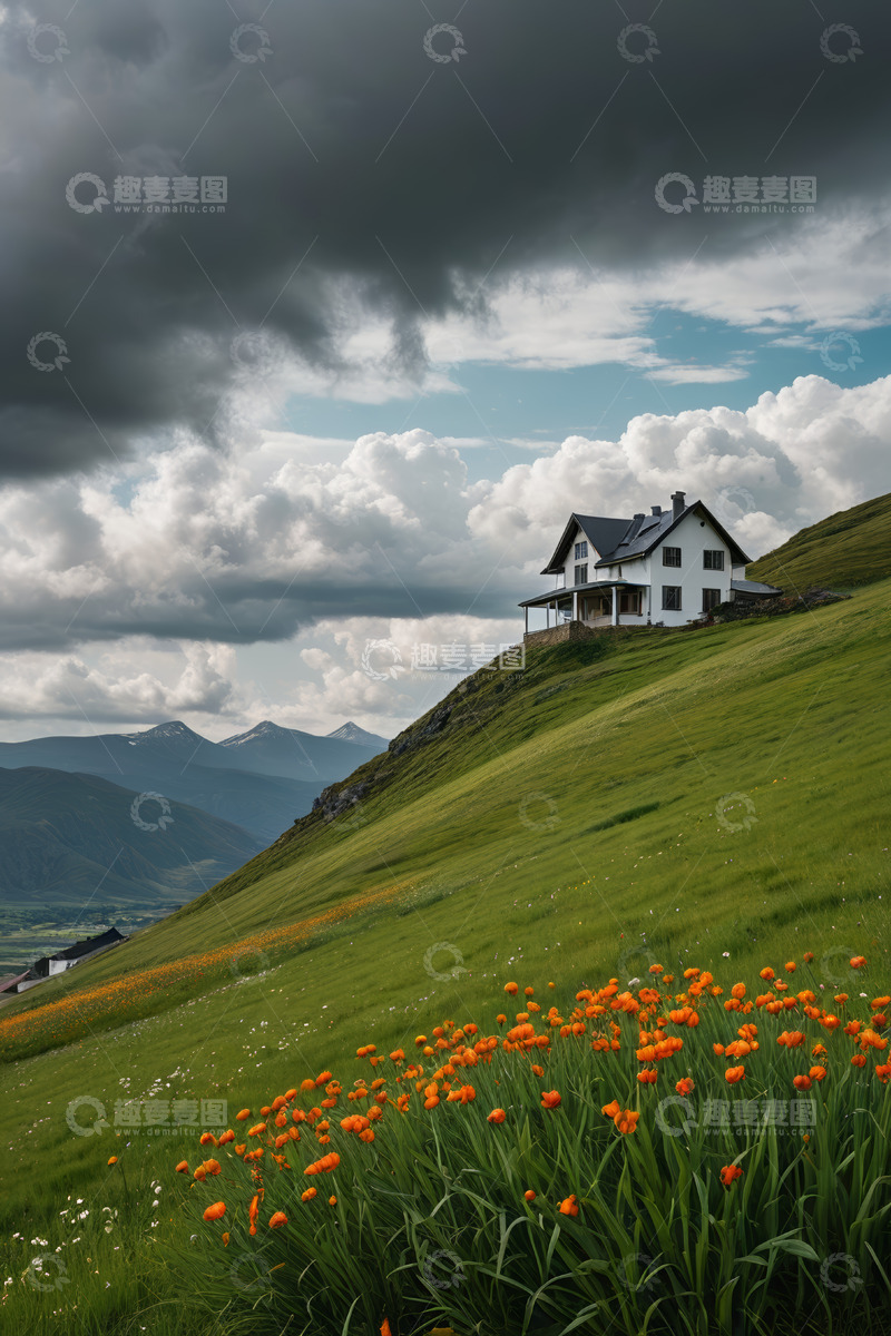 高清大图下载【趣麦麦图】山坡上的房屋与花卉景观